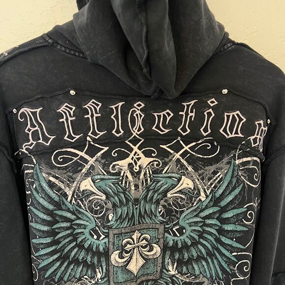 Y2K Affliction Grunge Studded Full Zip Hoodie Jacket XL Black Gray Distressedk - Picture 4 of 9